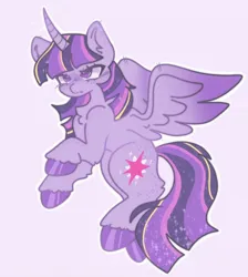 Size: 1170x1308 | Tagged: safe, artist:raggdollii, derpibooru import, twilight sparkle, twilight sparkle (alicorn), alicorn, pony, alternate hair color, chest fluff, colored hooves, female, flying, freckles, full body, g4, horn, image, jpeg, mare, outline, simple background, solo, sparkly mane, sparkly tail, spread wings, tail, unshorn fetlocks, white background, wings