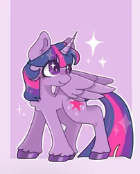 Size: 1161x1434 | Tagged: safe, artist:raggdollii, derpibooru import, twilight sparkle, twilight sparkle (alicorn), alicorn, pony, chest fluff, colored hooves, eye clipping through hair, female, full body, g4, horn, image, jpeg, mare, partially open wings, passepartout, smiling, solo, sparkles, sparkly eyes, unshorn fetlocks, wingding eyes, wings