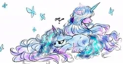 Size: 1024x538 | Tagged: safe, artist:petaltwinkle, derpibooru import, izzy moonbow, butterfly, insect, pony, unicorn, g5, blue coat, blue mane, blue tail, blurry, coat markings, colored, colored hooves, colored horn, crying, curly mane, curly tail, duo, duo female, eyelashes, female, frown, hair over eyes, horn, image, impossibly long mane, impossibly long tail, jpeg, lidded eyes, long horn, long mane, looking down, lying down, mare, misty brightdawn, no catchlights, pink coat, pink hooves, profile, prone, signature, simple background, smiling, socks (coat marking), tail, two toned mane, two toned tail, unicorn horn, unshorn fetlocks, wavy mane, wavy tail, white background