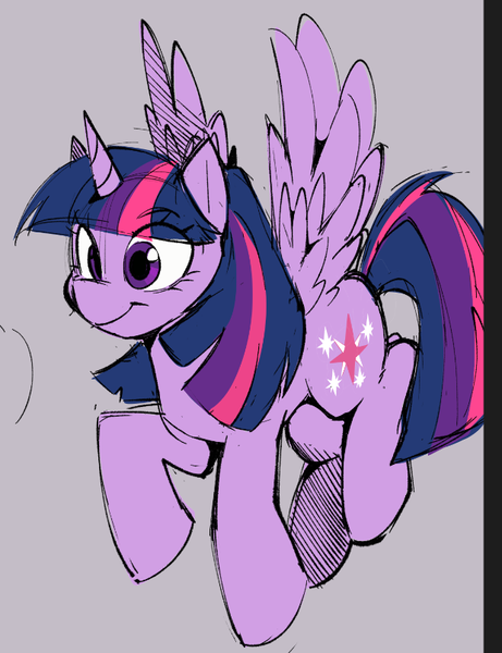 Size: 618x804 | Tagged: safe, artist:inkbloto, derpibooru import, twilight sparkle, twilight sparkle (alicorn), alicorn, pony, g4, gray background, image, png, simple background, smiling, solo, spread wings, wings