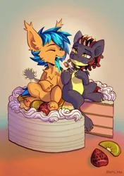 Size: 1748x2480 | Tagged: safe, artist:kotya, derpibooru import, oc, oc:bluemist, oc:zap, bat pony, original species, pony, birthday cake, cake, food, image, png, simple background