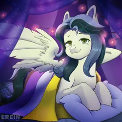 Size: 2000x2000 | Tagged: safe, alternate version, artist:erein, derpibooru import, oc, oc:misty breeze, unofficial characters only, pegasus, pony, alternate character, bedroom, commission, ears up, flag, garland, high res, image, indoors, jpeg, lgbt, looking at you, night, nonbinary, nonbinary pride flag, pillow, pride, pride flag, pride month, room, smiling, smiling at you, solo, spread wings, string lights, wings, ych result