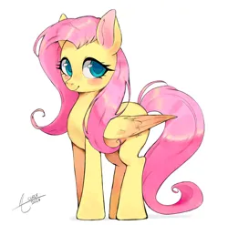 Size: 1521x1500 | Tagged: safe, artist:mrscurlystyles, derpibooru import, fluttershy, pegasus, pony, blushing, cute, g4, image, jpeg, shyabetes, signature, simple background, smiling, solo, standing, white background
