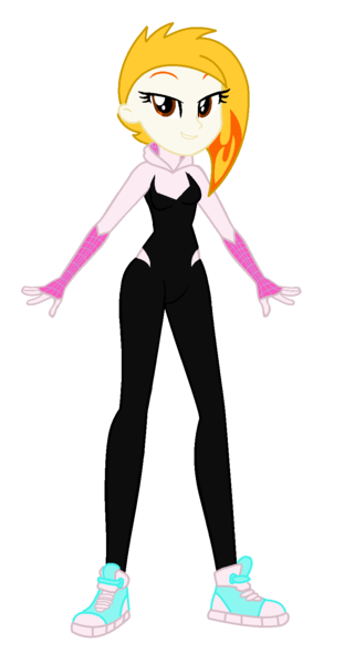 Size: 852x1644 | Tagged: safe, artist:robertsonskywa1, derpibooru import, equestria girls, g5, my little pony: tell your tale, bodysuit, clothes, equestria girls-ified, female, flare (g5), full body, g4, g5 to equestria girls, g5 to g4, generation leap, image, marvel, photo, png, shoes, smiling, sneakers, solo, solo female, spider-gwen, spider-man, spider-man: across the spider-verse, suit