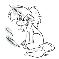Size: 2700x2700 | Tagged: safe, artist:opalacorn, derpibooru import, oc, unofficial characters only, pony, unicorn, floppy ears, grayscale, horn, image, jpeg, leonine tail, levitation, magic, monochrome, pencil, simple background, smiling, solo, spiral notepad, tail, telekinesis, white background