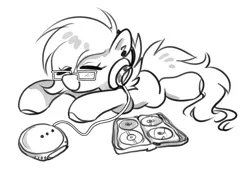 Size: 3386x2312 | Tagged: safe, artist:opalacorn, derpibooru import, oc, unofficial characters only, earth pony, pony, black and white, cd, cd player, cd wallet, eye clipping through hair, eyes closed, female, glasses, grayscale, headphones, image, jpeg, lying down, mare, monochrome, prone, smiling, solo, sploot