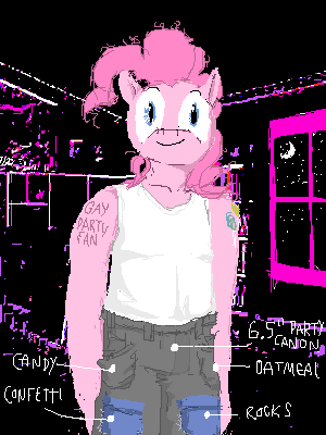 Size: 300x400 | Tagged: safe, artist:y122n20497166, derpibooru import, pinkie pie, anthro, earth pony, clothes, digital art, female to male, image, pants, pixel art, png, rule 63, smiling, solo, standing, tanktop, window