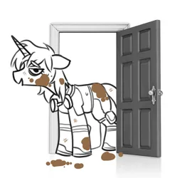Size: 1751x1828 | Tagged: safe, artist:opalacorn, derpibooru import, oc, unofficial characters only, pony, unicorn, bags under eyes, boots, clothes, dirt, dirty, door, doorway, floppy ears, goggles, goggles around neck, grayscale, horn, image, jpeg, lidded eyes, monochrome, partial color, shoes, simple background, solo, white background