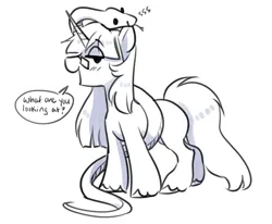 Size: 2198x1809 | Tagged: safe, artist:opalacorn, derpibooru import, oc, unofficial characters only, pony, snake, unicorn, dialogue, female, forked tongue, glasses, grayscale, horn, image, jpeg, mare, monochrome, simple background, solo, speech bubble, talking to viewer, unshorn fetlocks, white background