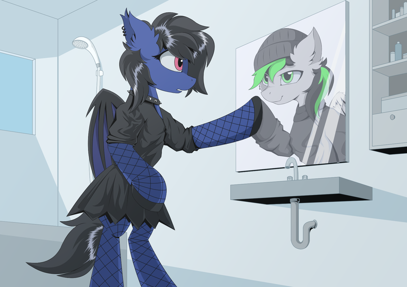 Size: 1700x1200 | Tagged: safe, artist:hovawant, derpibooru import, oc, oc:nighty, oc:zero shadow, unofficial characters only, bat pony, pegasus, bat pony oc, bat wings, bathroom, beanie, black eyeshadow, black mane, black tail, clothes, collar, commission, ear fluff, ear piercing, earring, eyeshadow, female, fishnet clothing, fishnets, green and black mane, green eyes, hat, helix piercing, hoodie, image, jewelry, looking at each other, looking at someone, makeup, male, mirror, pegasus oc, piercing, png, red eyes, skirt, socks, spiked collar, stockings, tail, thigh highs, wings