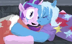 Size: 349x215 | Tagged: safe, artist:y122n20497166, derpibooru import, starlight glimmer, trixie, semi-anthro, unicorn, blue coat, clothes, crying, digital art, duo, horn, image, open mouth, open smile, pink coat, pixel art, png, saw (movie), shirt, smiling