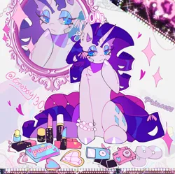 Size: 2048x2038 | Tagged: safe, artist:emoboy130, derpibooru import, rarity, pony, unicorn, abstract background, bandaid, blue eyes, blue eyeshadow, bow, bracelet, cd, chest fluff, colored hooves, colored pinnae, ear fluff, ear piercing, earring, eyelashes, eyeshadow, female, floating heart, frown, g4, hair accessory, hair ribbon, heart, high res, horn, image, ipod, jewelry, lidded eyes, lipstick, lipstick tube, long eyelashes, long horn, long mane, long tail, makeup, mane accessory, mare, mirror, pearl bracelet, piercing, pillow, pink bow, png, polaroid, purple hooves, purple mane, purple tail, raised hoof, reflection, ribbon, ringlets, shiny hooves, shrunken pupils, signature, sitting, solo, sparkles, tail, tail accessory, tail bow, tall ears, text, tiara, unicorn horn, white coat, zoom layer