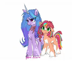 Size: 2048x1726 | Tagged: safe, artist:petaltwinkle, derpibooru import, part of a set, izzy moonbow, sunny starscout, earth pony, pony, unicorn, g5, alternate accessories, alternate design, alternate hairstyle, alternate universe, big eyes, braid, clothes, coat markings, colored, colored belly, colored horn, colored sketch, cute, duo, duo female, eye clipping through hair, eyebrows, eyebrows visible through hair, eyelashes, facial markings, female, floppy ears, frown, green eyes, height difference, horn, image, jpeg, mane stripe sunny, mare, missing cutie mark, multicolored mane, multicolored tail, narrowed eyes, neckerchief, orange coat, pale belly, pink eyes, purple coat, red mane, red tail, scarf, signature, simple background, sketch, smiling, socks (coat marking), splotches, standing, straight mane, sunnybetes, sweat, sweatdrop, tail, tied mane, two toned mane, unicorn horn, unshorn fetlocks, wall of tags, white background, wingding eyes
