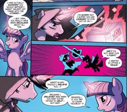 Size: 999x887 | Tagged: safe, artist:tonyfleecs, derpibooru import, idw, screencap, shadow lock, twilight sparkle, alicorn, unicorn, spoiler:comic, spoiler:comic52, blast, g4, horn, image, jpeg, magic, magic beam, magic blast, official comic, telekinesis