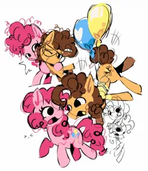 Size: 1448x1678 | Tagged: safe, artist:appledash3r_, derpibooru import, cheese sandwich, pinkie pie, earth pony, pony, balloon, blushing, brown mane, brown tail, cheesepie, clothes, colored, colored sketch, colt cheese sandwich, curly mane, curly tail, duality, duo, duo male and female, emanata, eyelashes, female, filly, filly pinkie pie, flat colors, floating, g4, glasses, hug, image, jpeg, looking at each other, looking at someone, male, mare, no catchlights, open mouth, open smile, orange coat, pink coat, pink mane, pink tail, raised hoof, round glasses, shipping, shirt, simple background, sketch, smiling, smiling at each other, stallion, straight, t-shirt, tail, tongue out, white background, younger