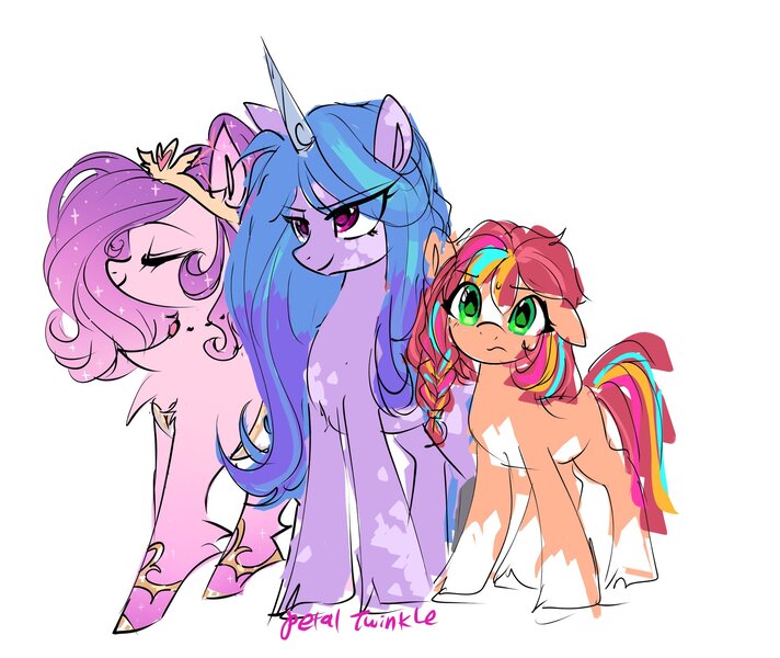 Size: 2048x1726 | Tagged: safe, artist:petaltwinkle, derpibooru import, part of a set, izzy moonbow, pipp petals, sunny starscout, earth pony, pegasus, pony, unicorn, g5, alternate accessories, alternate design, alternate hairstyle, alternate universe, big eyes, braid, chest fluff, clothes, coat markings, colored, colored belly, colored eartips, colored hooves, colored horn, colored sketch, cute, eye clipping through hair, eyebrows, eyebrows visible through hair, eyelashes, eyes closed, facial markings, female, floppy ears, frown, gold hooves, gold jewelry, gradient mane, gradient tail, green eyes, height difference, hooves, horn, image, jewelry, jpeg, leg fluff, mane stripe sunny, mare, missing cutie mark, multicolored mane, multicolored tail, narrowed eyes, necklace, orange coat, pale belly, pink coat, pink eyes, profile, purple coat, red mane, red tail, shiny hooves, signature, simple background, sketch, smiling, socks (coat marking), sparkly eartips, sparkly legs, splotches, standing, straight mane, sunnybetes, sweat, sweatdrop, tail, tiara, tied mane, trio, trio female, two toned mane, unicorn horn, unshorn fetlocks, wall of tags, wavy mane, white background, wingding eyes