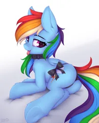 Size: 1171x1450 | Tagged: suggestive, artist:omi, derpibooru import, rainbow dash, pegasus, pony, clothes, collar, female, image, my little pony, panties, png, solo, tongue out, underhoof, underwear
