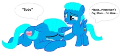 Size: 2112x968 | Tagged: safe, artist:memeartboi, derpibooru import, ponified, pegasus, pony, unicorn, affection, bonding, colt, comfort, comforting, crying, cute, duo, duo male and female, female, foal, gumball watterson, heart, heartwarming, horn, image, little boy, male, mare, mother, mother and child, mother and son, nicole watterson, png, sad, simple background, smiling, sniffing, sobbing, tearjerker, teary eyes, the amazing world of gumball, upset, white background, wholesome, wings