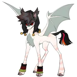 Size: 3972x4000 | Tagged: safe, artist:monogy, derpibooru import, oc, oc:valentine, unofficial characters only, bat pony, pony, bandaid, black sclera, bracelet, clothes, eyeshadow, hat, image, jester hat, jewelry, makeup, male, png, red eyes, stallion