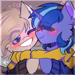 Size: 777x777 | Tagged: safe, artist:brownie, derpibooru import, oc, oc:amoo, oc:blue cola, unofficial characters only, pegasus, pony, unicorn, blushing, clothes, couple, duo, female, hoof hold, horn, image, male, mare, pegasus oc, png, scarf, shared clothing, shared scarf, smiling, stallion, sweater, unicorn oc, wings