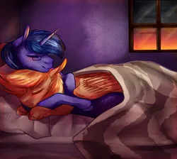 Size: 1017x910 | Tagged: safe, artist:roki707, derpibooru import, oc, oc:amoo, oc:blue cola, pegasus, pony, unicorn, bed, blanket, blushing, couple, cuddling, duo, eyes closed, female, folded wings, glasses, horn, image, male, mare, pegasus oc, png, pony oc, shading, sleeping, snuggling, stallion, unicorn oc, wings