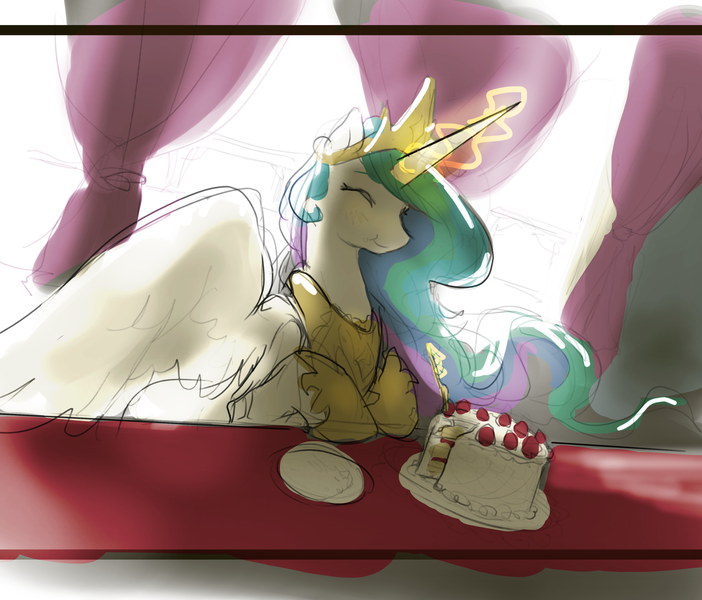 Size: 2700x2309 | Tagged: safe, artist:aquoquoo, derpibooru import, princess celestia, alicorn, pony, backlighting, cake, cakelestia, eyes closed, female, food, high res, image, mare, png, solo