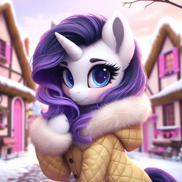 Size: 1024x1024 | Tagged: safe, ai content, machine learning generated, ponerpics import, ponybooru import, rarity, pony, unicorn, alternate hairstyle, bing, bust, clothes, female, hoof in mane, image, jpeg, looking at you, mare, ponyville, snow, solo, winter outfit