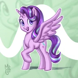 Size: 3000x3000 | Tagged: safe, artist:gmircea, derpibooru import, starlight glimmer, alicorn, pony, alicornified, female, g4, high res, horn, image, looking at you, mare, open mouth, open smile, png, race swap, raised hoof, smiling, smiling at you, solo, spread wings, starlicorn, tail, wings, xk-class end-of-the-world scenario