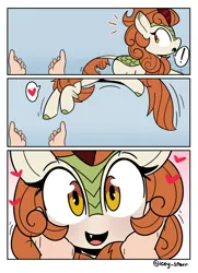 Size: 2190x3032 | Tagged: safe, artist:icey, derpibooru import, autumn blaze, kirin, awwtumn blaze, comic, cute, fangs, female, g4, hand, heart, image, jumping, looking at you, png, solo