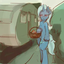 Size: 3000x3000 | Tagged: safe, artist:ruby, derpibooru import, trixie, pony, semi-anthro, unicorn, basket, bipedal, caravan, female, high res, holding, horn, human shoulders, humanoid torso, image, jpeg, looking at you, mare, mushroom, rv, solo, unamused, unshorn fetlocks