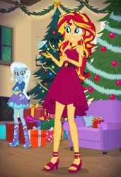 Size: 832x1216 | Tagged: safe, ai content, machine learning generated, prompter:tiamatnightmare, sunset shimmer, trixie, human, equestria girls, christmas, christmas lights, christmas presents, christmas tree, female, holiday, humanized, image, jpeg, lesbian, present, shipping, suntrix, tree