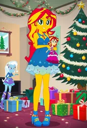 Size: 832x1216 | Tagged: safe, ai content, machine learning generated, prompter:tiamatnightmare, sunset shimmer, trixie, human, equestria girls, christmas, christmas lights, christmas presents, christmas tree, female, holiday, humanized, image, jpeg, lesbian, present, shipping, suntrix, tree