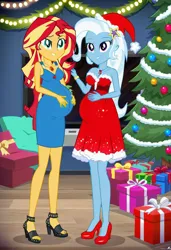 Size: 832x1216 | Tagged: safe, ai content, machine learning generated, prompter:tiamatnightmare, sunset shimmer, trixie, human, equestria girls, christmas, christmas lights, christmas presents, christmas tree, female, holiday, humanized, image, jpeg, lesbian, pregnant, present, shipping, suntrix, tree