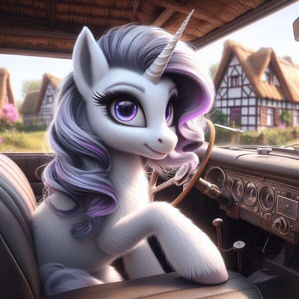 Size: 1024x1024 | Tagged: safe, ai content, machine learning generated, ponerpics import, ponybooru import, pony, unicorn, bing, car, female, fluffy, house, image, jpeg, looking at you, machine, mare, sitting, smiling, smiling at you, solo, unshorn fetlocks, vehicle, white pony