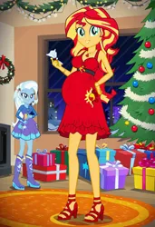 Size: 832x1216 | Tagged: safe, ai content, machine learning generated, prompter:tiamatnightmare, sunset shimmer, trixie, human, equestria girls, christmas, christmas lights, christmas presents, christmas tree, female, holiday, humanized, image, jpeg, lesbian, pregnant, present, shipping, suntrix, tree