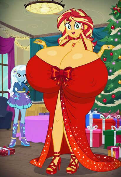 Size: 832x1216 | Tagged: questionable, ai content, machine learning generated, prompter:tiamatnightmare, sunset shimmer, trixie, human, equestria girls, breasts, busty sunset shimmer, busty trixie, christmas, christmas lights, christmas presents, christmas tree, female, holiday, humanized, image, jpeg, lesbian, pregnant, present, shipping, suntrix, tree