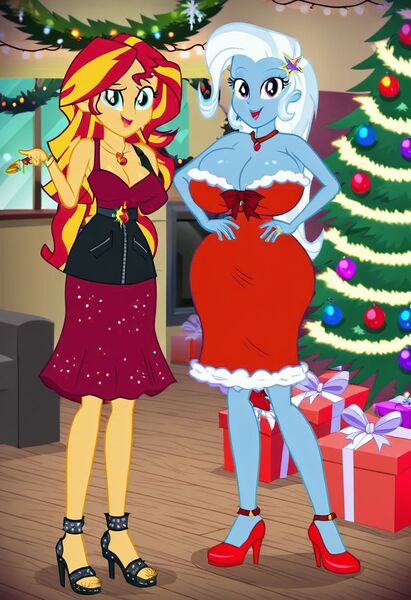 Size: 832x1216 | Tagged: questionable, ai content, machine learning generated, prompter:tiamatnightmare, sunset shimmer, trixie, human, equestria girls, breasts, busty sunset shimmer, busty trixie, christmas, christmas lights, christmas presents, christmas tree, female, holiday, humanized, image, jpeg, lesbian, pregnant, present, shipping, suntrix, tree