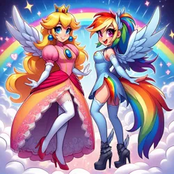 Size: 1024x1024 | Tagged: safe, ai content, artist:user15432, derpibooru import, machine learning generated, prompter:user15432, rainbow dash, human, blue wings, boots, clothes, cloud, crossover, crown, dress, ear piercing, earring, g4, generator:bing image creator, generator:dall-e 3, high heel boots, high heels, humanized, image, jewelry, jpeg, looking at you, multicolored hair, open mouth, open smile, piercing, princess peach, rainbow, rainbow hair, rainbow tail, regalia, shoes, smiling, stars, super mario bros., tail, white wings, winged boots, wings