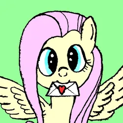 Size: 1440x1440 | Tagged: safe, ponerpics import, fluttershy, pegasus, green background, image, love letter, mail, mouth hold, png, ponerpics exclusive, simple background, solo, traditional art