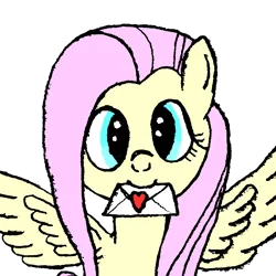 Size: 1440x1440 | Tagged: safe, ponerpics import, fluttershy, pegasus, image, love letter, mail, mouth hold, png, ponerpics exclusive, simple background, solo, traditional art, transparent background