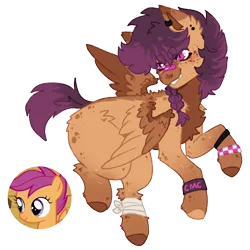 Size: 1000x1000 | Tagged: safe, artist:kazmuun, derpibooru import, scootaloo, pegasus, pony, alternate hairstyle, bandage, bandaid, bandaid on nose, blank flank, blushing, cute, cutealoo, ear piercing, earring, female, filly, foal, grin, image, jewelry, markings, piercing, png, redesign, simple background, smiling, transparent background, wristband