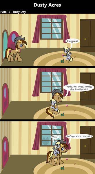 Size: 1920x3516 | Tagged: safe, artist:platinumdrop, derpibooru import, derpy hooves, oc, oc:dusty hooves, earth pony, pegasus, pony, 3 panel comic, comic, dialogue, female, filly, foal, g4, happy, hat, hug, image, male, png, riding, riding a pony, sitting, smiling, speech bubble, stallion, tired, toy, younger