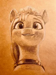 Size: 2507x3343 | Tagged: safe, artist:hoofy_0415, derpibooru import, sunny starscout, earth pony, pony, g5, image, jpeg, monochrome, sketch, smiling, teeth, traditional art