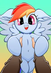Size: 2894x4093 | Tagged: safe, artist:rainbowdashsuki, derpibooru import, rainbow dash, human, pegasus, pony, belly button, big ears, duo, female, floppy ears, g4, gradient background, happy, holding a pony, image, jpeg, legs together, looking at you, mare, offscreen character, offscreen human, open mouth, open smile, pov, smiling, smiling at you, solo focus
