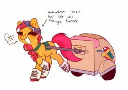 Size: 2052x1452 | Tagged: safe, artist:devideetz, derpibooru import, sunny starscout, earth pony, pony, g5, arrow, braid, cart, eyes closed, female, grin, happy, harness, helmet, image, jpeg, mare, pictogram, roller skates, simple background, skates, smiling, solo, tack, text, white background