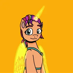 Size: 3000x3000 | Tagged: safe, artist:artist_179, derpibooru import, sunny starscout, alicorn, earth pony, pony, g5, my little pony: a new generation, artificial alicorn, female, image, jpeg, mare, orange background, race swap, simple background, solo, sunnycorn