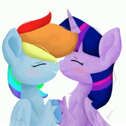 Size: 4000x4000 | Tagged: safe, artist:skylinepony_, derpibooru import, rainbow dash, twilight sparkle, twilight sparkle (alicorn), alicorn, pegasus, pony, blushing, boop, duo, duo female, eyes closed, female, folded wings, g4, horn, image, jpeg, lesbian, mare, noseboop, nuzzling, profile, shipping, side view, signature, simple background, smiling, touching hooves, twidash, white background, wings