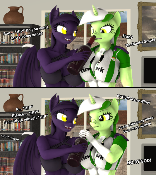 Size: 3555x4000 | Tagged: safe, alternate version, artist:zgsfm, derpibooru import, oc, oc:baetica castanets, oc:grape wine, unofficial characters only, anthro, bat, bat pony, plantigrade anthro, unicorn, 3d, 3d model, alcohol, andalusia, boop, coat markings, comic, drink, game, horn, house, image, living room, muscles, png, real betis, spain, television, tree, wine