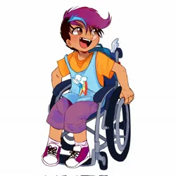 Size: 2048x2048 | Tagged: safe, artist:devideetz, derpibooru import, scootaloo, human, backpack, clothes, cutie mark, cutie mark on clothes, disabled, g4, humanized, image, jpeg, looking up, shirt, shoes, shorts, simple background, sitting, smiling, sneakers, socks, t-shirt, wheelchair, white background