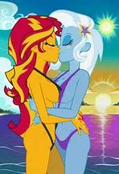 Size: 832x1216 | Tagged: suggestive, ai content, machine learning generated, prompter:tiamatnightmare, sunset shimmer, trixie, human, equestria girls, beach, bikini, clothes, female, humanized, image, jewelry, jpeg, kissing, lesbian, ocean, ring, shipping, sling bikini, sunset, suntrix, swimsuit, wedding ring